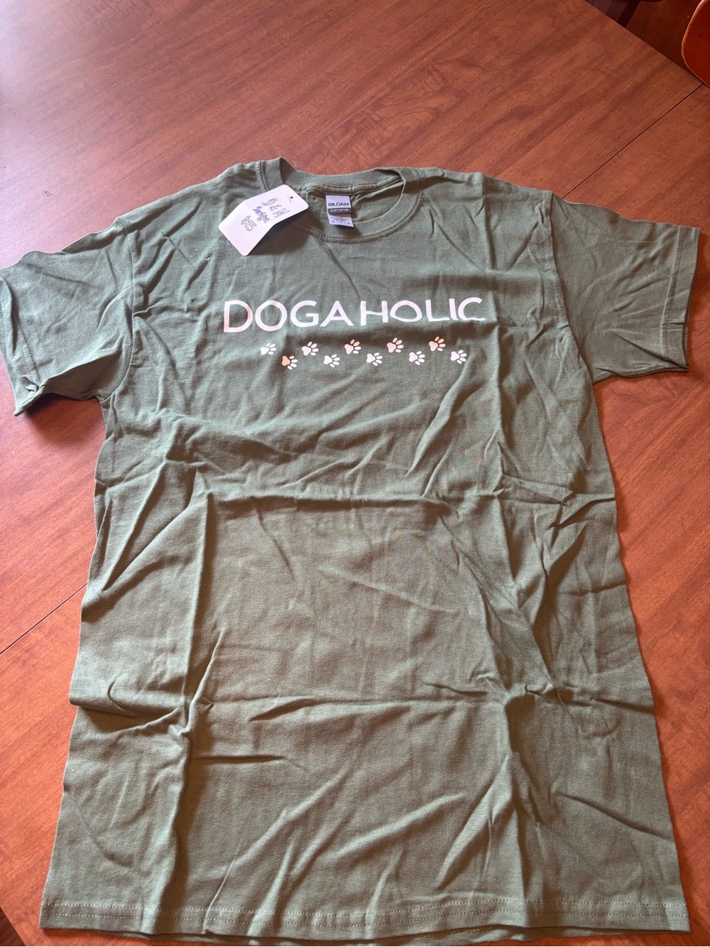Gildan Olive Green "DOGAHOLIC" T-Shirt with White Paw Design